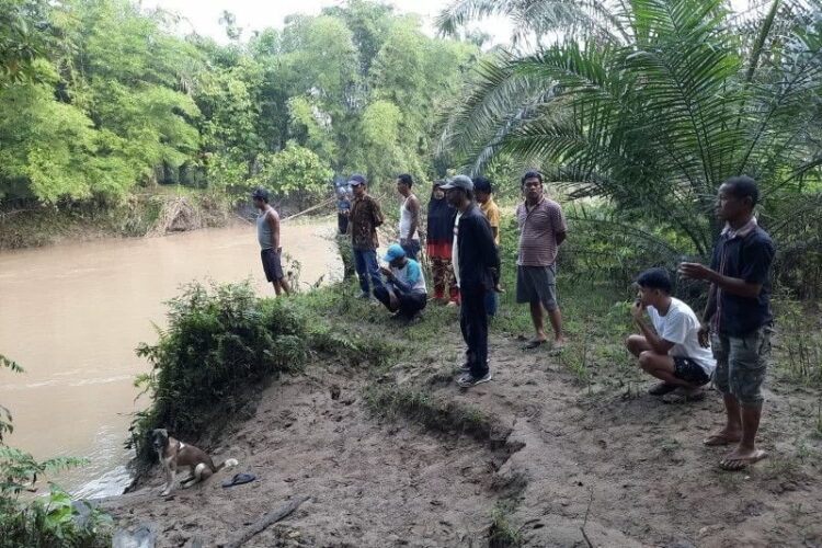 Warga sedang berupaya mencari korban di lokasi sungai tempat siswa SD tersebut mandi.