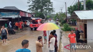 Petugas BPBD Pasaman Barat saat turun memberikan bantuan kepada warga Kajai karena puluhan rumah terendam air luapan Sungai Limpato, Rabu. (Antara/Altas Maulana).