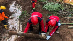 TRC Semen Padang membersihkan kayu dari longsor pasca gempa Cianjur
