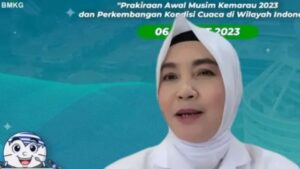 Tangkapan layar Kepala BMKG Dwikorita Karnawati dalam konferensi pers "Prakiraan Awal Musim Kemarau 2023 dan Perkembangan Kondisi Cuaca di Wilayah Indonesia" secara daring di Jakarta, Senin (6/3/2023). (ANTARA/ Zubi Mahrofi)