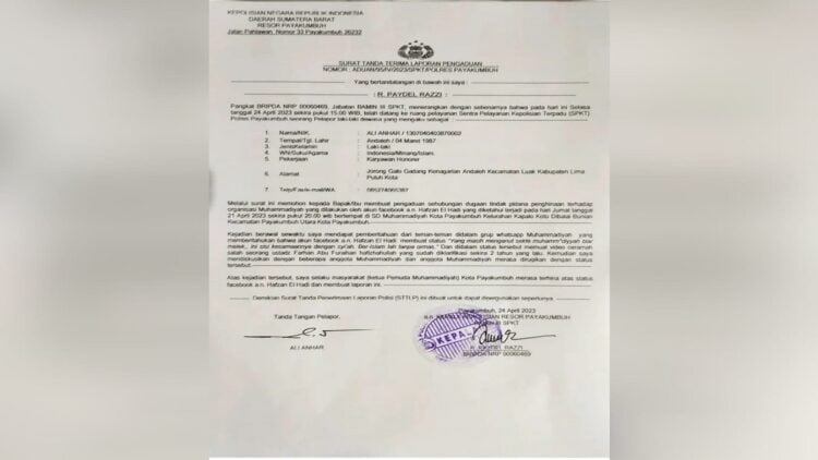 Laporan dugaan penghinaan Muhammadiyah oleh seorang warga Payakumbuh. (Foto: Dok. PWM)