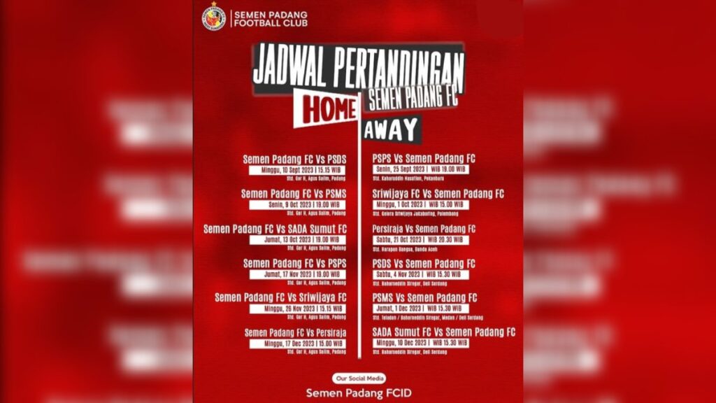 Jadwal pertandingan Semen Padang FC. (dok. instagram Semen Padang FC)