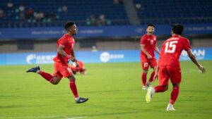 Selebrasi pemain Timnas U-24 usai cetak gol ke gawang Kirgistan. (Dok. NOC Indonesia)