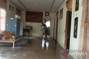 Seorang warga terdampak banjir bandang di Nagari Durian Tinggi Kecamatan Lubuk Sikaping Kabupaten Pasaman membersihkan lumpur yang menggenangi rumahnya pada Selasa (17/10) pagi. (Antara/Altas Maulana)