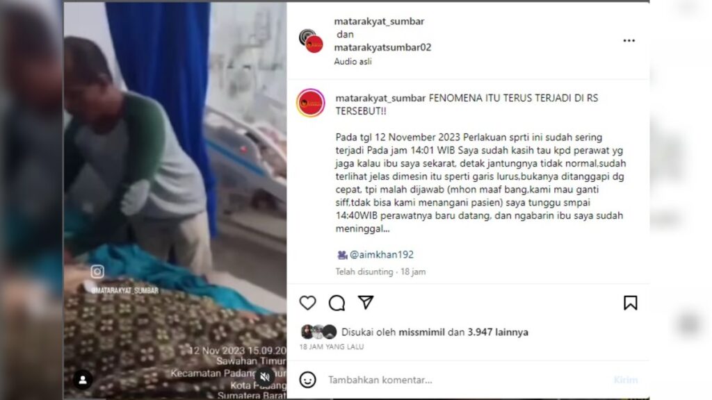 Postingan insiden pasien meninggal di RSUP DR M Djamil Padang. (dok. tangkapan layar)