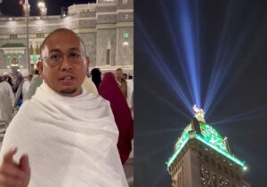 Kolase foto Anggota DPR RI asal Sumbar, H Andre Rosiade tengah melaksanakan umrah dan cahaya lampu dari Fairmont Clock Makkah yang merayakan Hari Raya Idul Fitri 1445 Hijriah. (Foto: Dok. Tim AR)