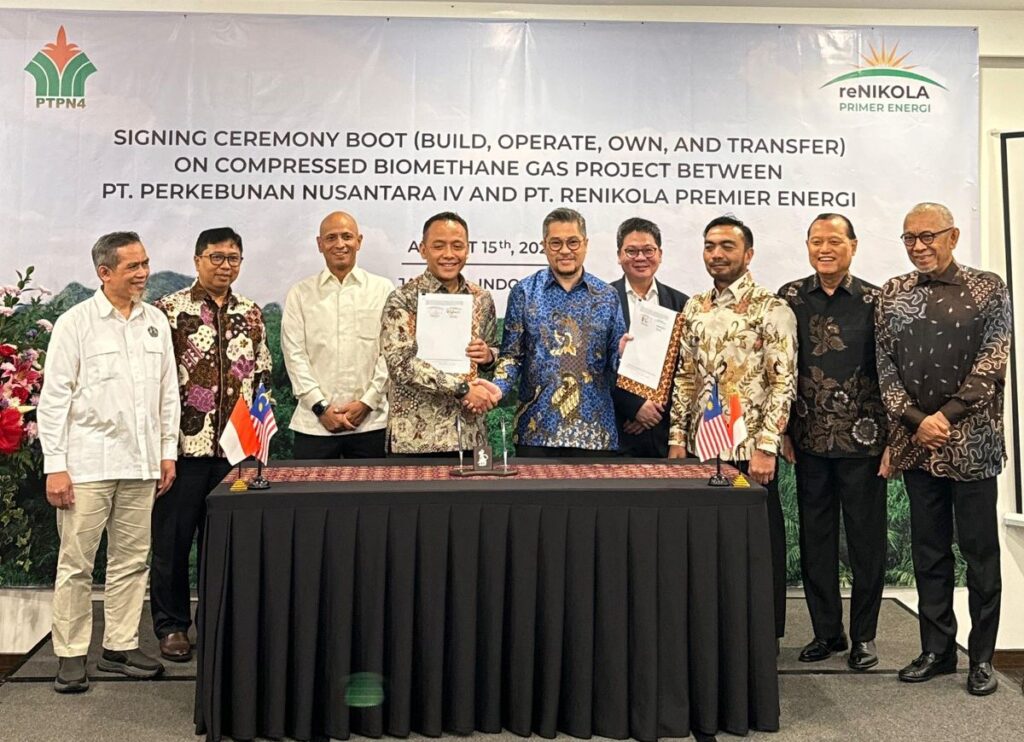 PTPN Grup melalui PTPN IV PalmCo menandatangani Perjanjian B-O-O-T pembangunan Compressed Biogas Methane dengan PT RPE yang merupakan grup Perusahaan EBT reNIKOLA Malaysia. (Foto: Dok. PTPN)