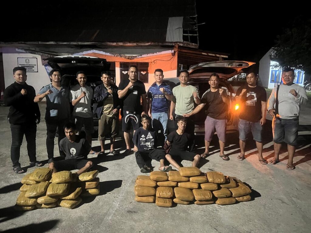 Tiga pelaku beserta barang bukti 55 kilogram ganja diamankan polisi di perbatasan Sumbar-Sumut sepanjang Rabu (7/8/2024) malam. (Foto: Dok. Ditresnarkoba Polda Sumbar)