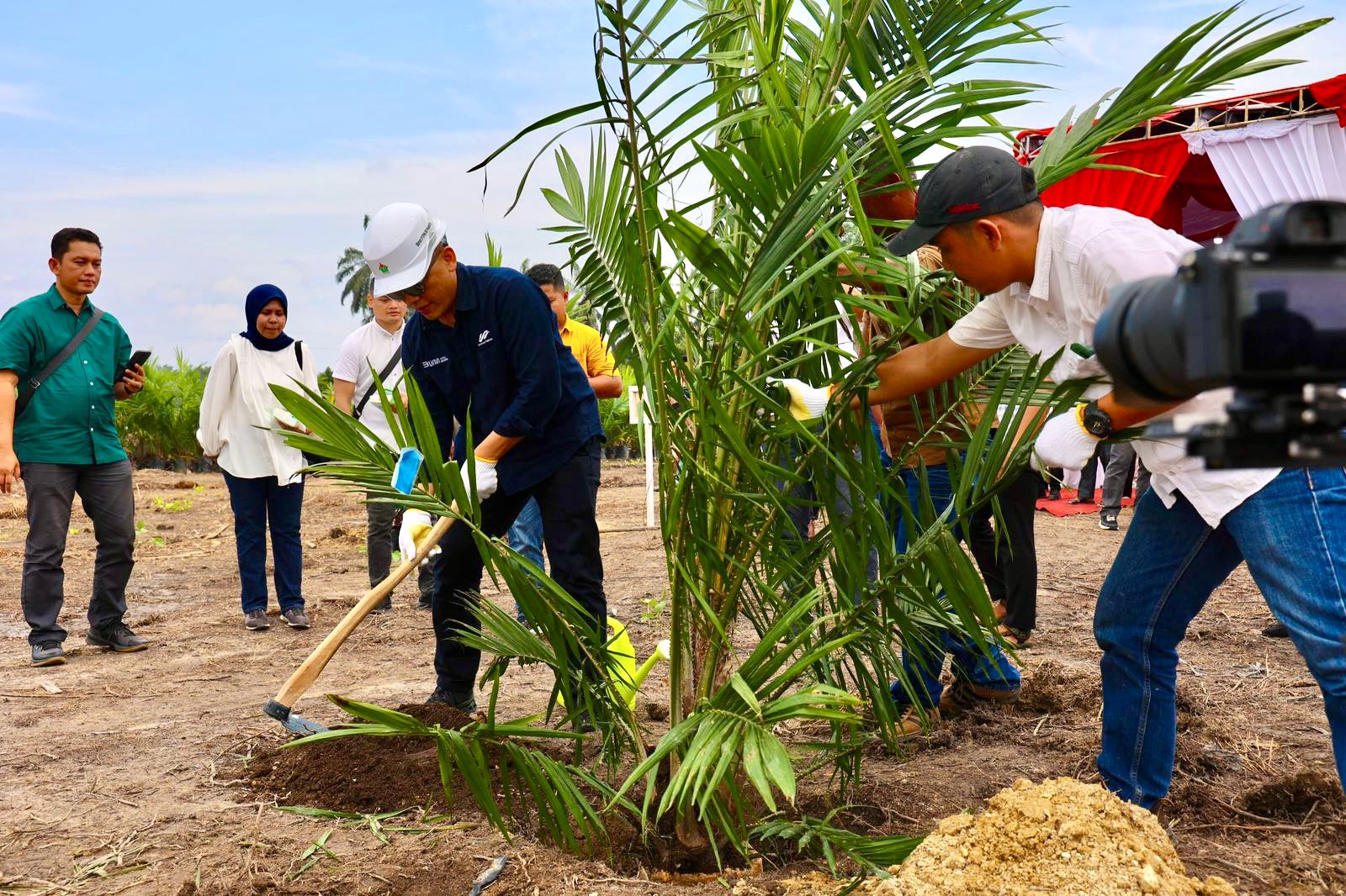 Direktur Utama PTPN IV PalmCo, Jatmiko Santosa saat melakukan tanam perdana sawit mitra Koperasi Produsen Gading Jaya Makmur seluas 172,25 hektare di Kabupaten Kampar, Riau. PalmCo optimis target PSR seluas 60 ribu hektare tercapai menyusul sambutan positif kalangan petani peserta PSR dari berbagai wilayah Indonesia. (Foto: Dok. PTPN)