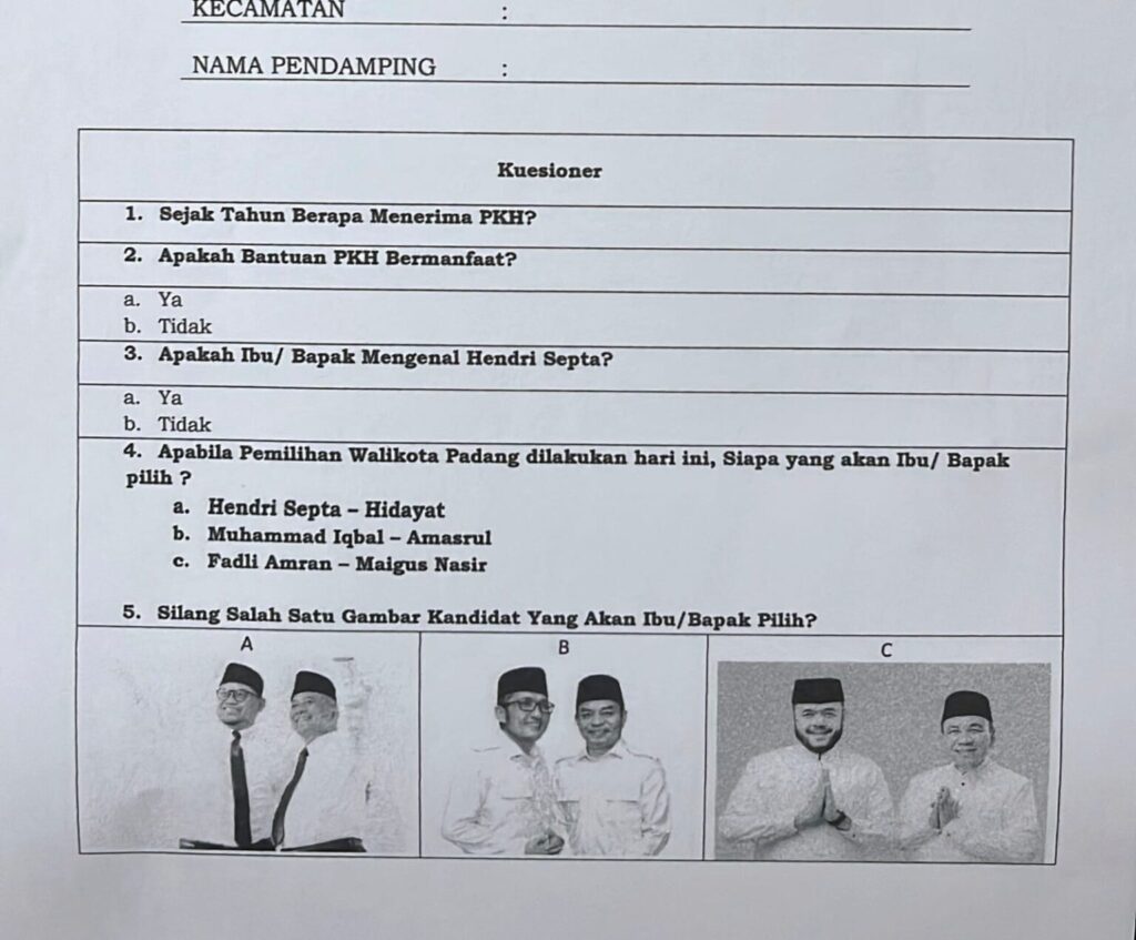 Kuesioner dari pendamping Program Keluarga Harapan (PKH) kepada masyarakat penerima berisi pilihan yang diduga mengarahkan untuk memilih salah satu Paslon Cawako Padang. (Foto: Dok. Istimewa)