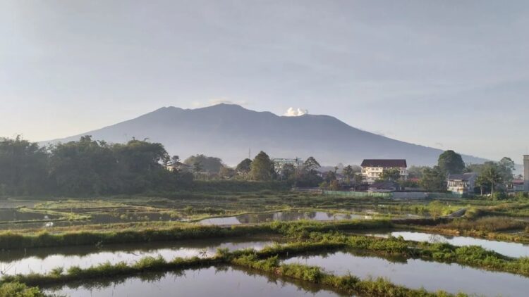 Gunung Marapi yang terletak di Kabupaten Agam dan Kabupaten Tanah Datar mengeluarkan asap putih difoto dari Kabupaten Agam, Minggu (28/7/2024). ANTARA/Muhammad Zulfikar.