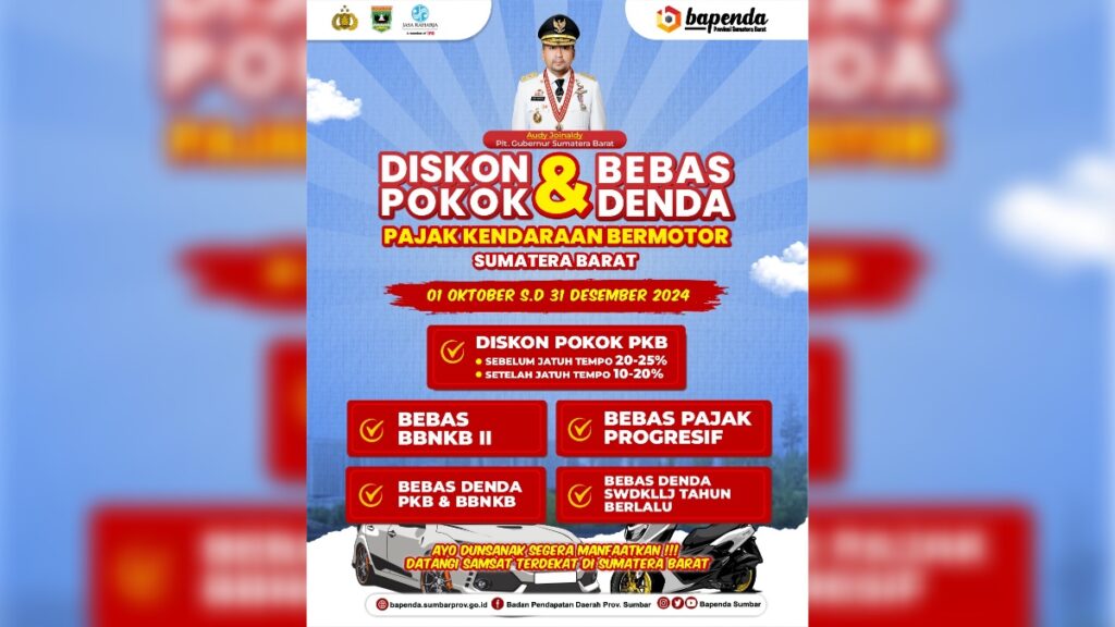 Diskon pokok dan bebas denda pajak kendaraan yang digelar Pemprov Sumbar hingga akhir tahun ini. (dok. Bapenda Sumbar)