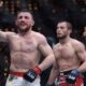 Merab Dvalishvili selebrasi usai kalahkan Umar Nurmagomedov dalam laga UFC 311. (dok. AFP)