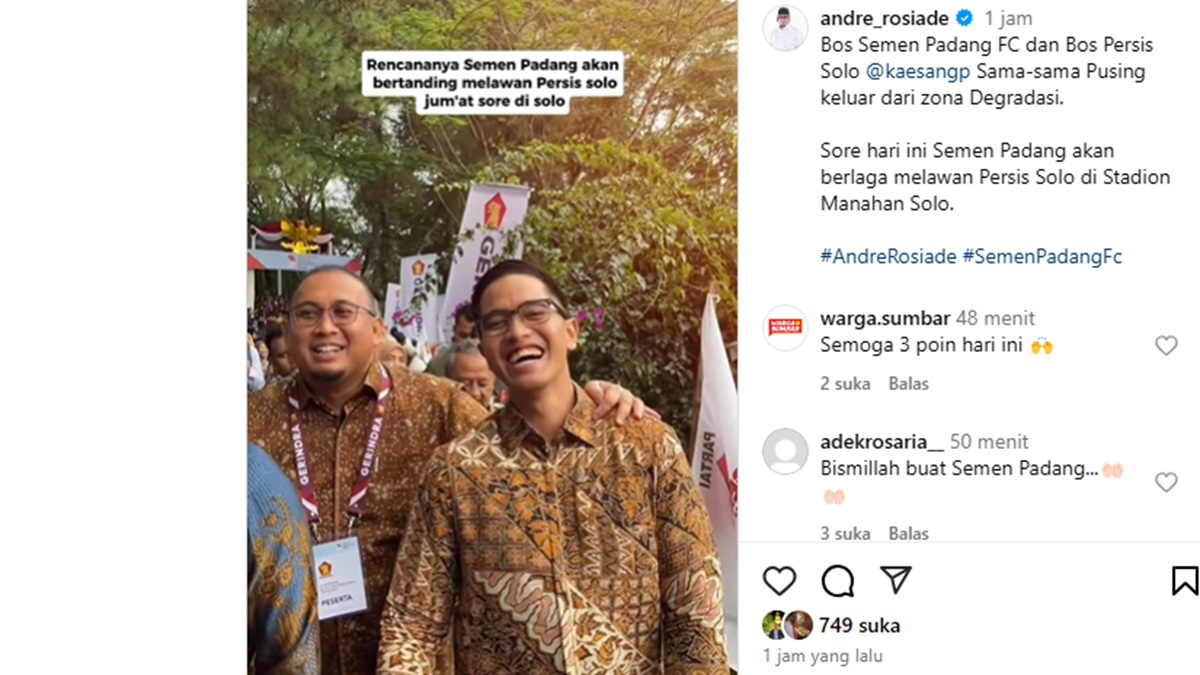 Andre Rosiade dan Kaesang Pangarep dalam postingan instagram terkait laga Persis Solo vs Semen Padang FC. (dok. tangkapan layar)