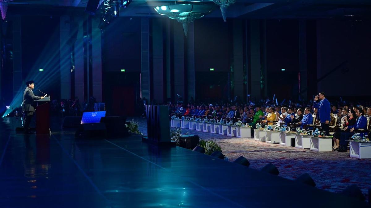 Presiden Prabowo beri sambutan di Kongres VI Partai Demokrat. (dok. PCO RI)