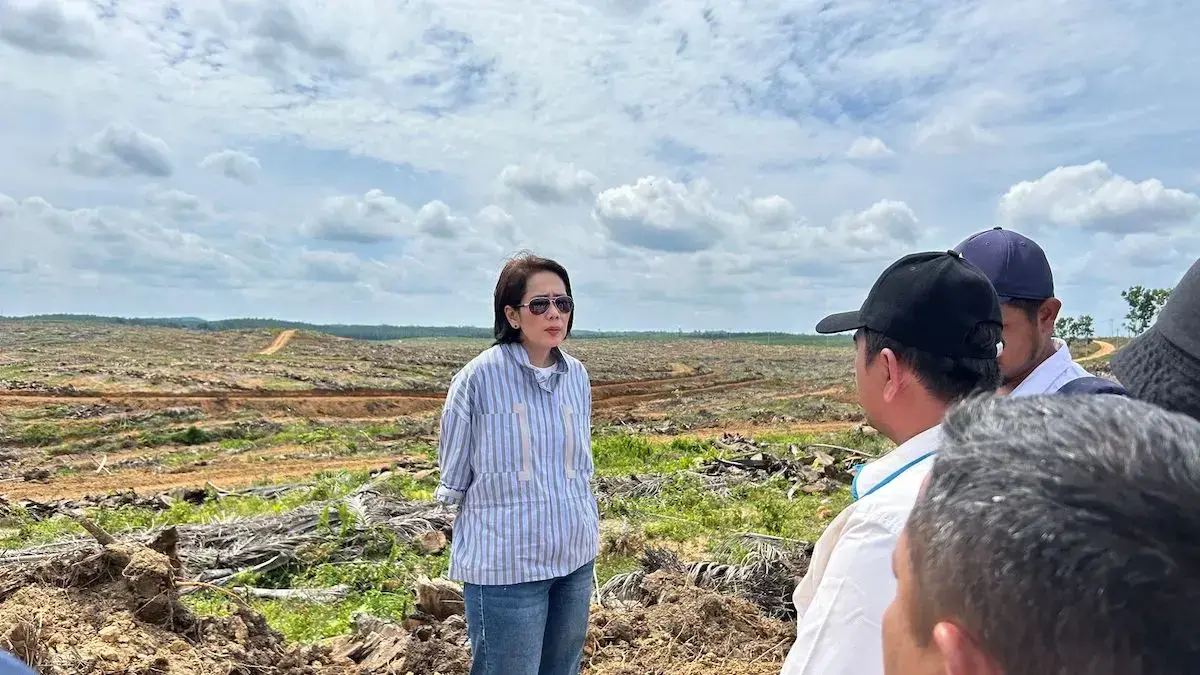 Direktur Keuangan dan Manajemen Risiko PTPN IV PalmCo Hilda Savitri saat mengunjungi areal tanam ulang sawit perusahaan. (dok. Humas)