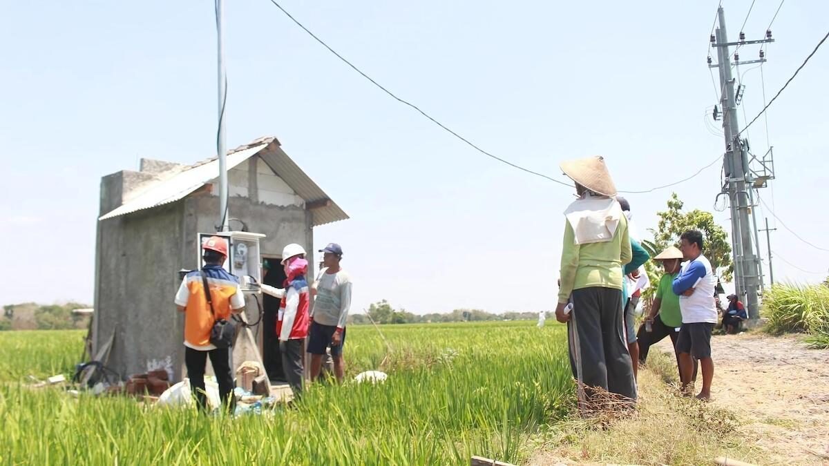 Salah satu petani di Desa Sukorejo, Ponorogo, Jawa Timur mendengarkan penjelasan dari Petugas PLN terkait penggunaan kWh meter untuk mengontrol listrik pompa air persawahan melalui program Electrifying Agriculture (EA). (dok. Humas PLN)