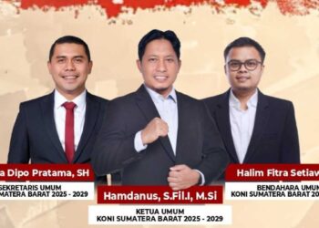 Tiga pimpinan KONI Sumbar periode 2025-2029. (dok. istimewa)