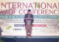 Gubernur Mahyeldi beri sambutan di Konferensi Wakaf Internasional. (dok. adpsb)