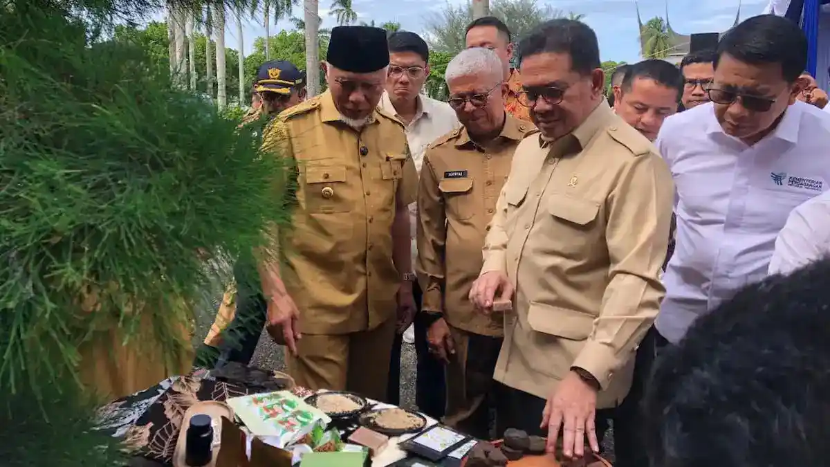 Mendag melihat produk gambir Sumbar sebelum melakukan pelepasan untuk ekspor perdana ke India. (dok. adpsb)