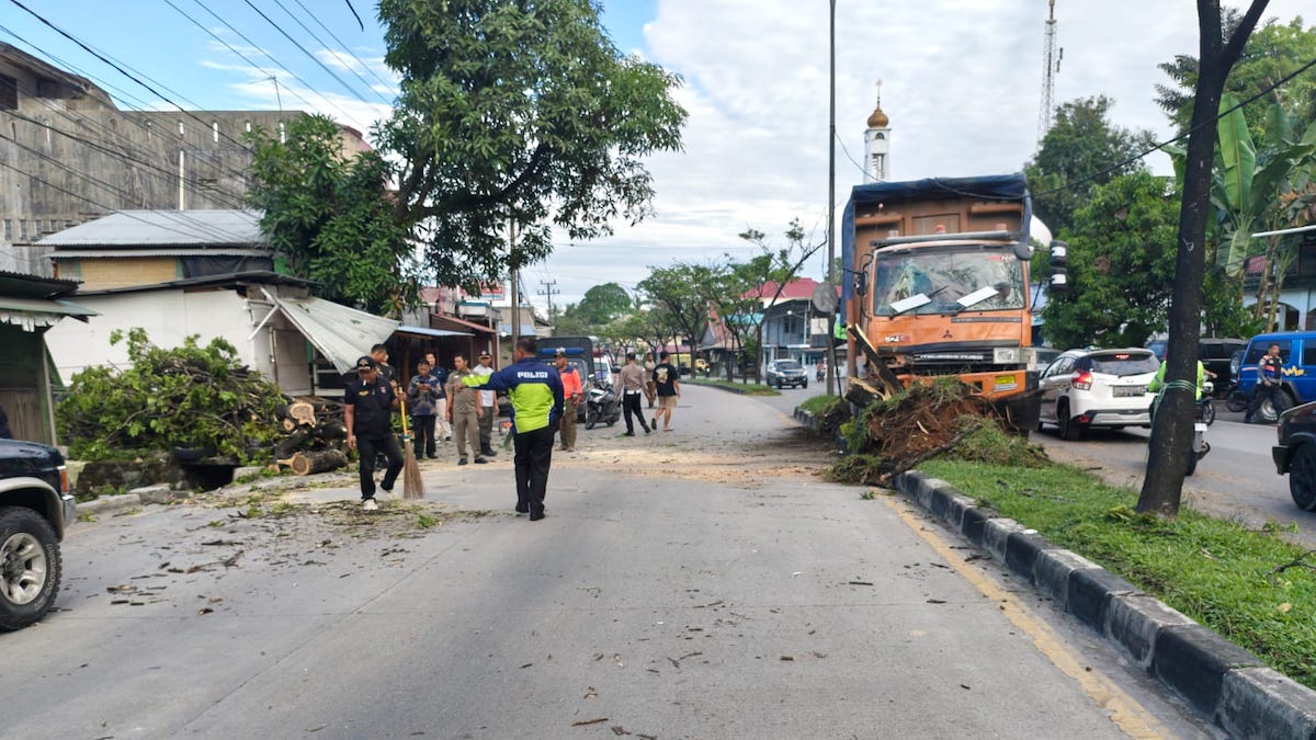 Truk hantam pohon di kawasan Pasa Lalang, Jalan Raya Indarung, Kelurahan Padang Besi, Kecamatan Lubuk Kilanangan, Kota Padang. (dok. BPBD Padang)
