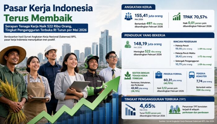 Serapan Tenaga Kerja Naik 522 Ribu Orang, Tingkat Pengangguran Terbuka RI Turun per Mei 2026