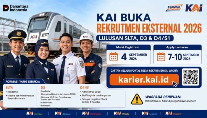 KAI Buka Rekrutmen Eksternal 2026, Lulusan SLTA hingga D4/S1 Bisa Daftar